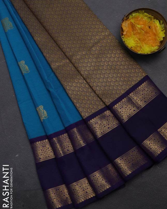 Semi kanchipuram silk saree cs blue and dark blue with zari woven buttas and rettapet zari woven korvai border