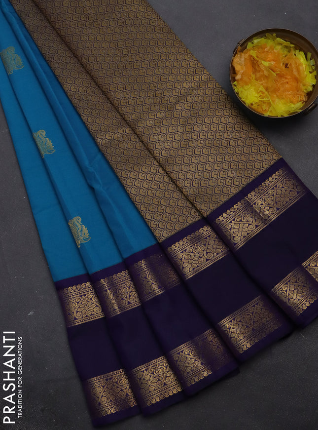 Semi kanchipuram silk saree cs blue and dark blue with zari woven buttas and rettapet zari woven korvai border