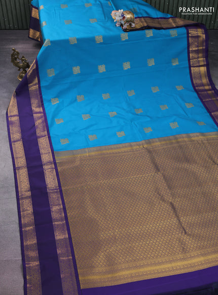 Semi kanchipuram silk saree cs blue and dark blue with zari woven buttas and rettapet zari woven korvai border