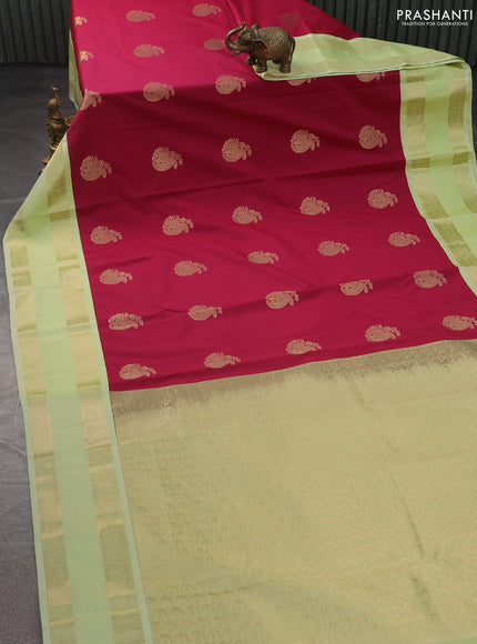 Semi kanchipuram silk saree pink and pista green with zari woven buttas and rettapet zari woven korvai border
