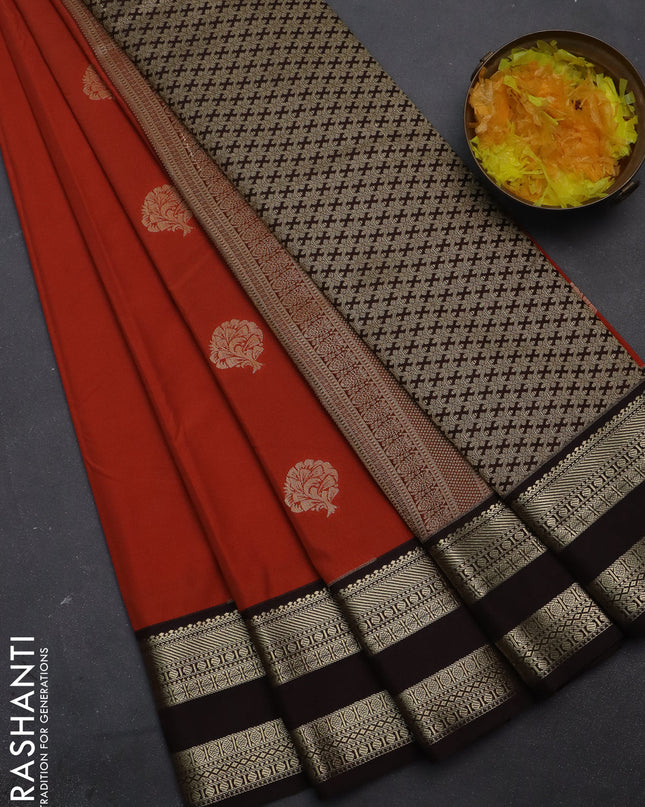 Semi kanchipuram silk saree orange and deep maroon with zari woven buttas and rettapet zari woven korvai border
