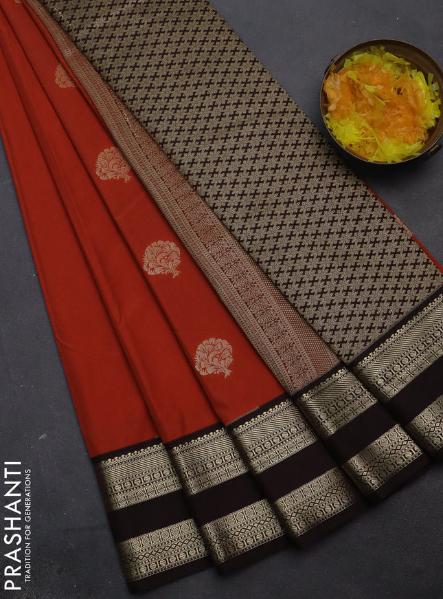 Semi kanchipuram silk saree orange and deep maroon with zari woven buttas and rettapet zari woven korvai border