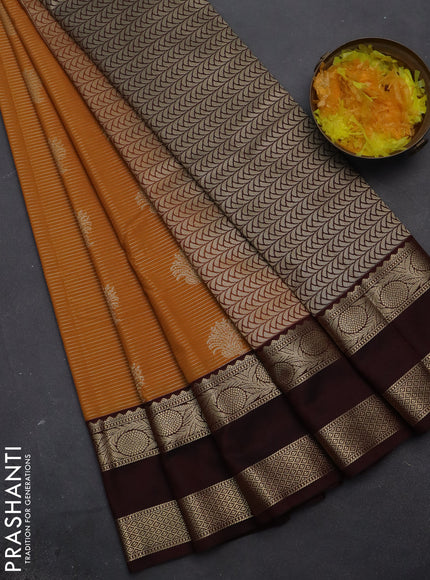 Semi kanchipuram silk saree mustard yellow and deep maroon with allover zari weaves and rettapet zari woven korvai border