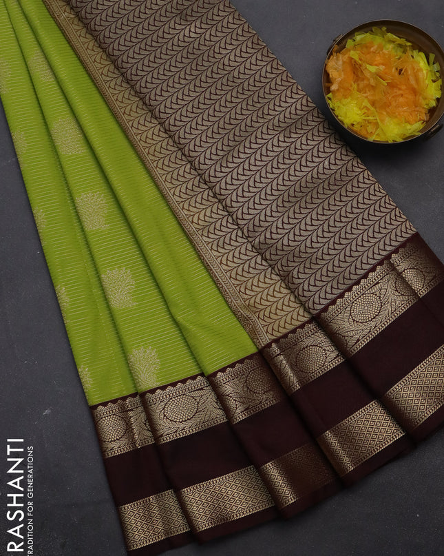Semi kanchipuram silk saree lime green and deep maroon with allover zari weaves and rettapet zari woven korvai border