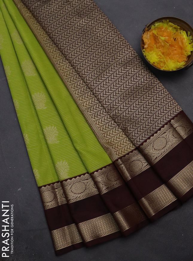 Semi kanchipuram silk saree lime green and deep maroon with allover zari weaves and rettapet zari woven korvai border