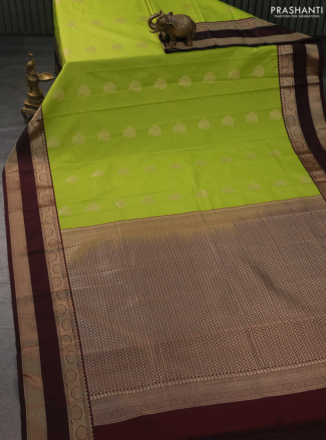 Semi kanchipuram silk saree lime green and deep maroon with allover zari weaves and rettapet zari woven korvai border