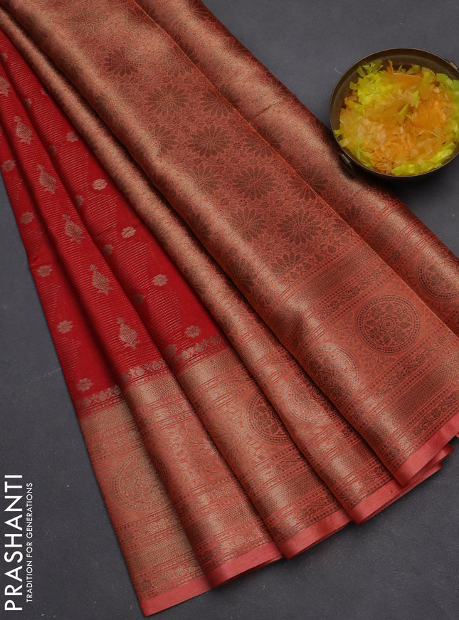 Banarasi warm silk saree red and peach orange with allover zari weaves & buttas and woven border