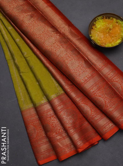 Banarasi warm silk saree lime yellow and orange with allover zari weaves & buttas and woven border