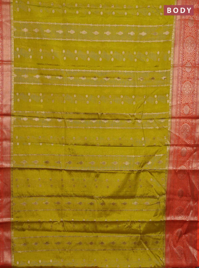 Banarasi warm silk saree lime yellow and orange with allover zari weaves & buttas and woven border