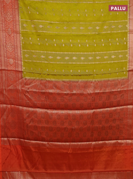Banarasi warm silk saree lime yellow and orange with allover zari weaves & buttas and woven border