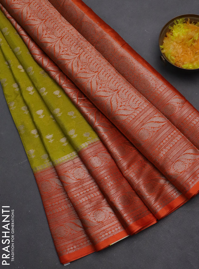 Banarasi warm silk saree lime green and orange with woven buttas and woven border