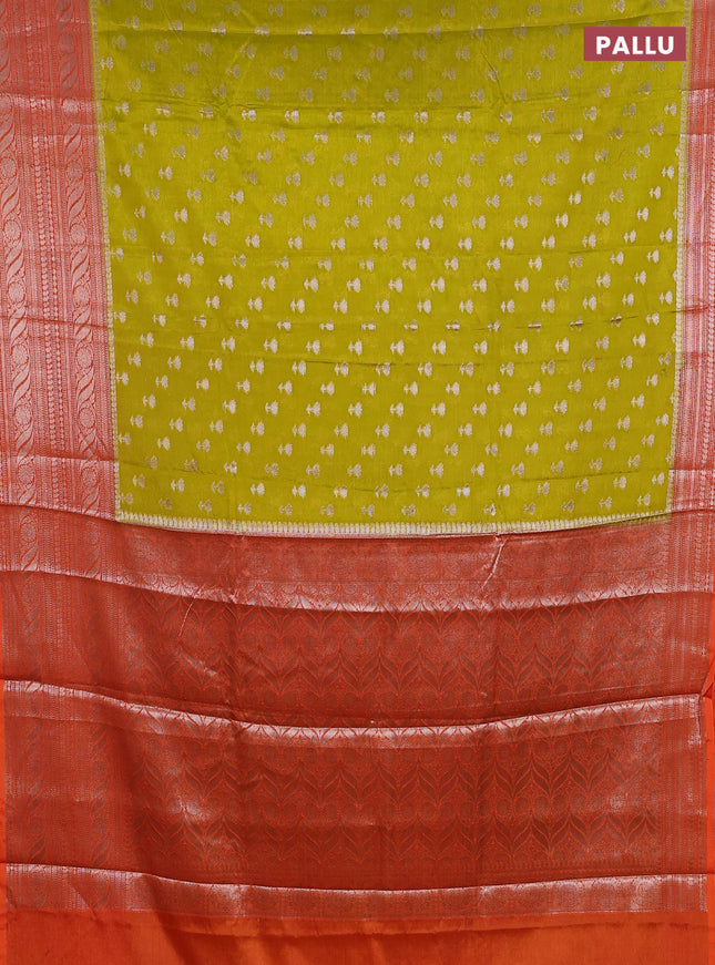 Banarasi warm silk saree lime green and orange with woven buttas and woven border