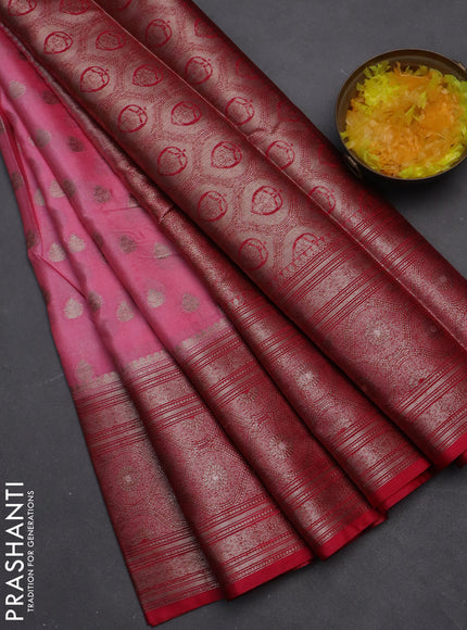 Banarasi warm silk saree peach pink and pink with woven buttas and woven border