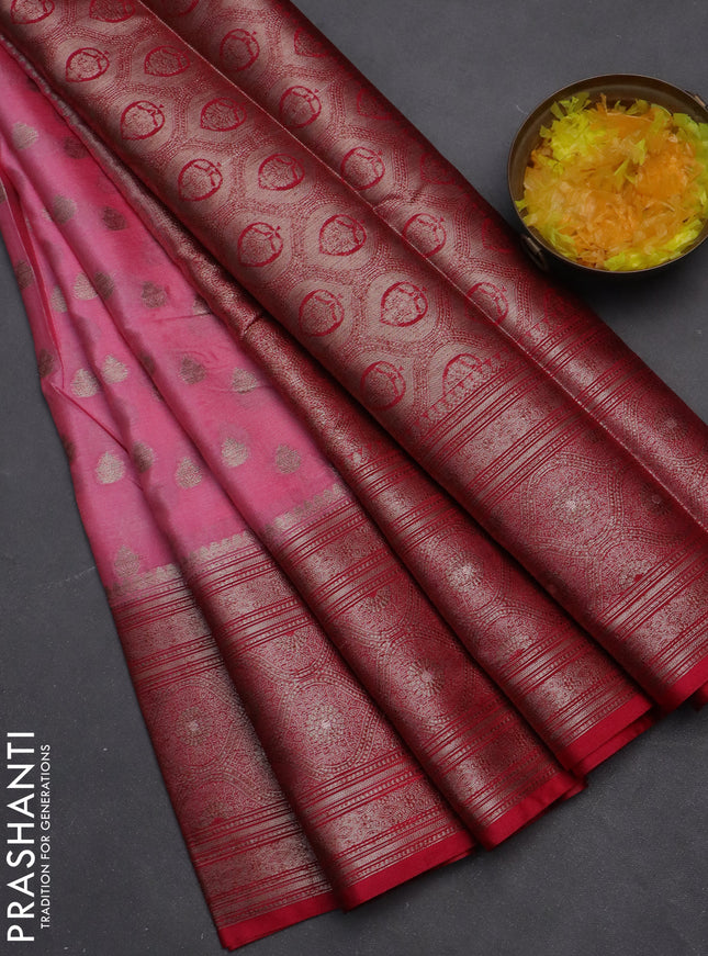 Banarasi warm silk saree peach pink and pink with woven buttas and woven border