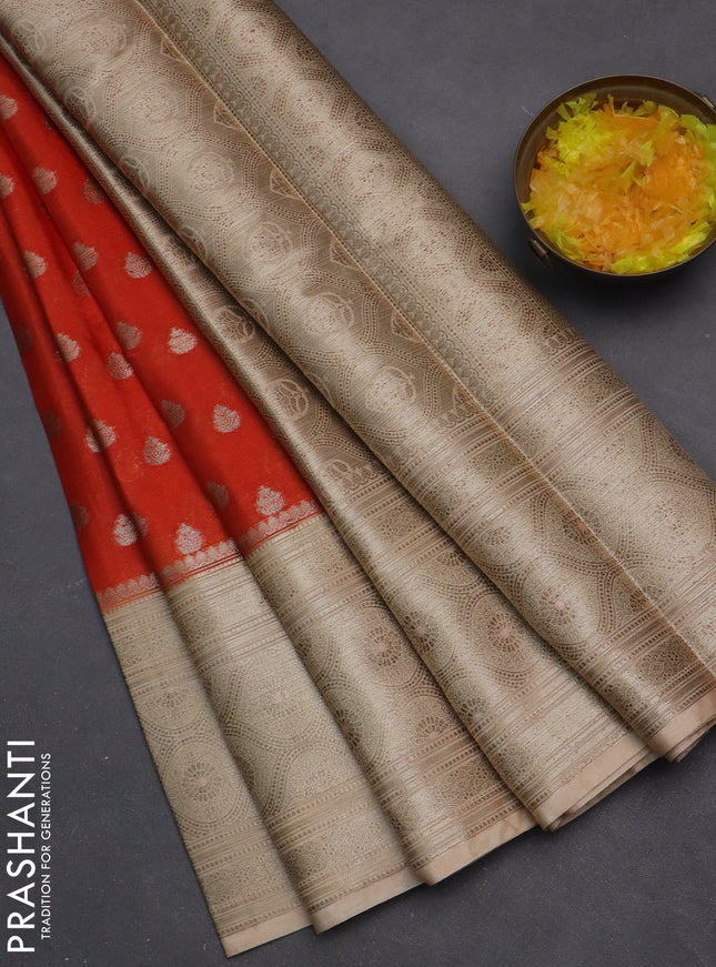 Banarasi warm silk saree orange and sandal with woven buttas and woven border
