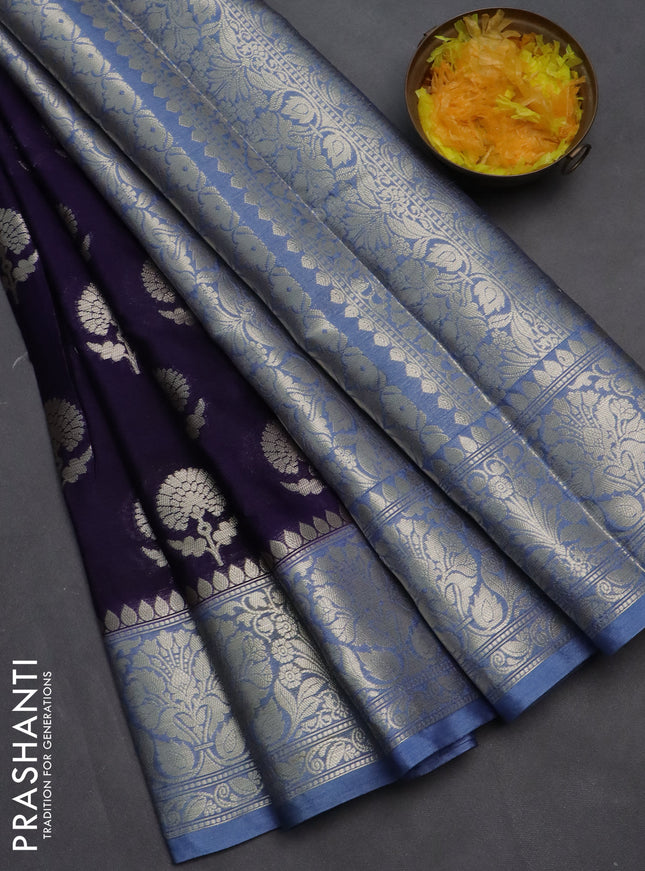 Banarasi warm silk saree dark blue and pastel blue with zari woven floral buttas and zari woven border