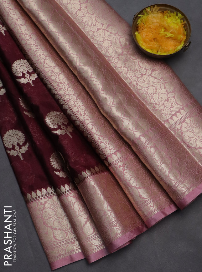 Banarasi warm silk saree wine shade and pastel pink with zari woven floral buttas and zari woven border