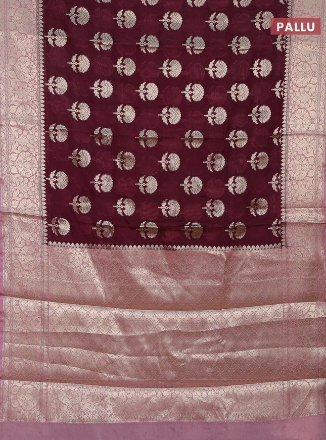 Banarasi warm silk saree wine shade and pastel pink with zari woven floral buttas and zari woven border