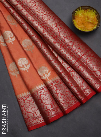 Banarasi warm silk saree orange and red with zari woven floral buttas and zari woven border