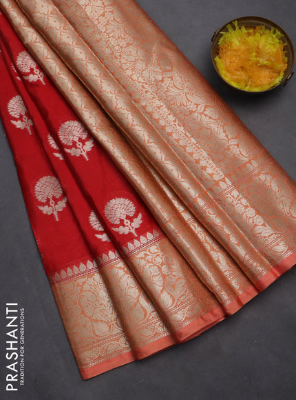 Banarasi warm silk saree red and pale orange with zari woven floral buttas and zari woven border