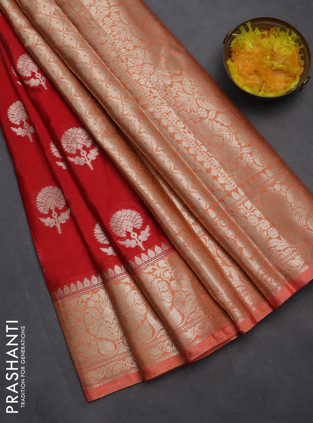 Banarasi warm silk saree red and pale orange with zari woven floral buttas and zari woven border