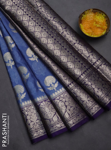 Banarasi warm silk saree pastel blue and deep violet with zari woven floral buttas and zari woven border