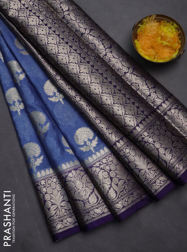 Banarasi warm silk saree pastel blue and deep violet with zari woven floral buttas and zari woven border