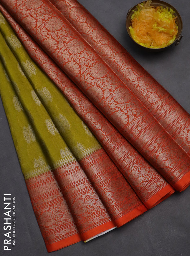 Banarasi warm silk saree lime yellow and orange with woven buttas and woven border