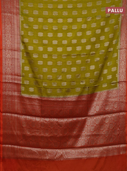 Banarasi warm silk saree lime yellow and orange with woven buttas and woven border
