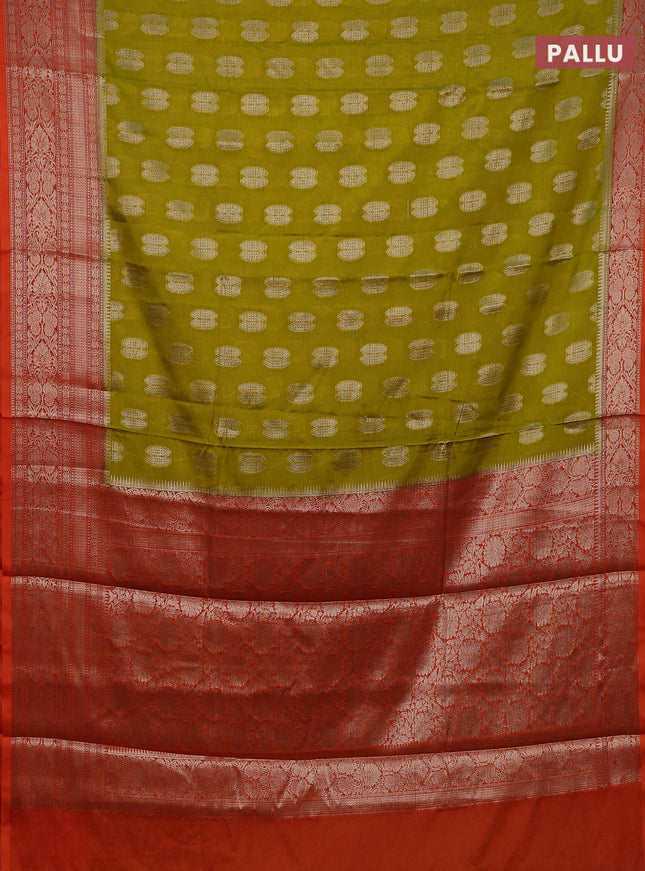 Banarasi warm silk saree lime yellow and orange with woven buttas and woven border