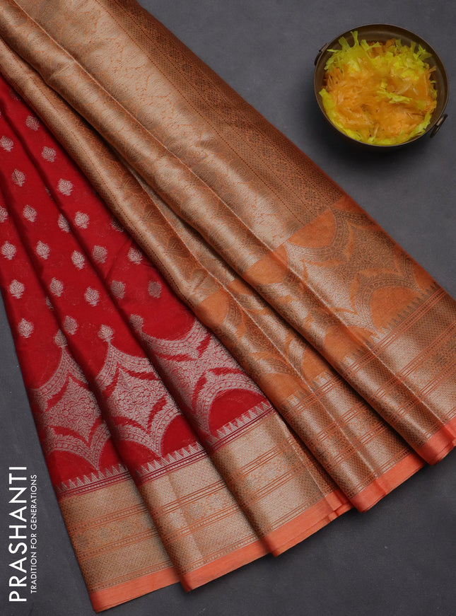 Banarasi warm silk saree red and peach orange with woven buttas and woven border