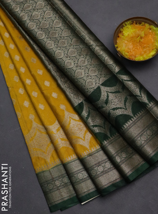 Banarasi warm silk saree mustard yellow and green with woven buttas and woven border