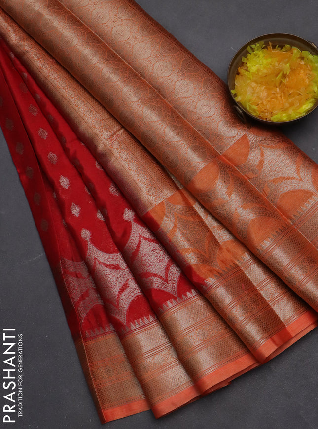 Banarasi warm silk saree red and orange with woven buttas and woven border