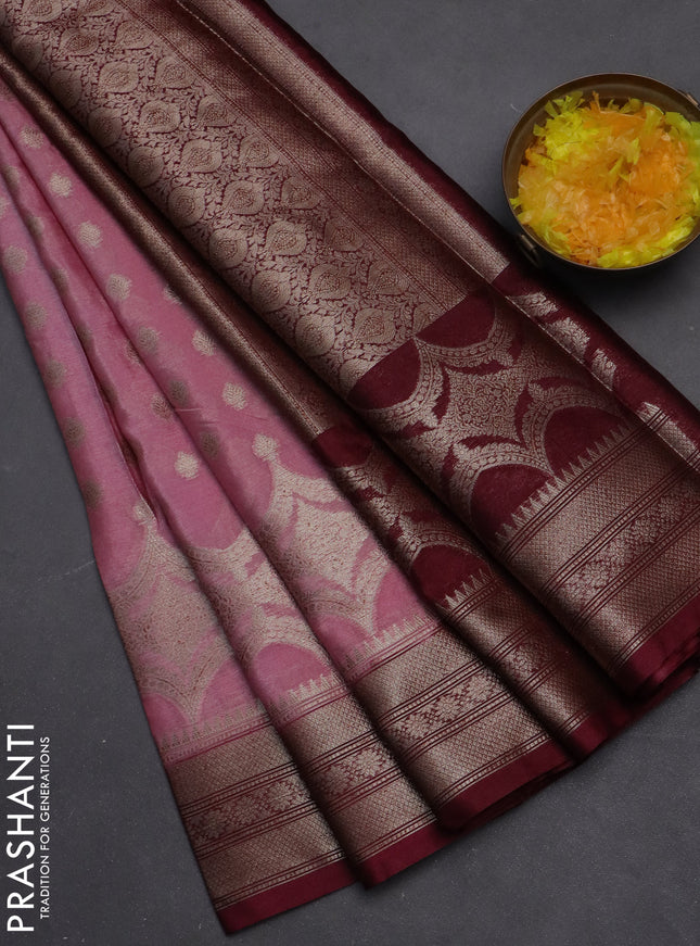Banarasi warm silk saree pastel pink and wine shade with woven buttas and woven border