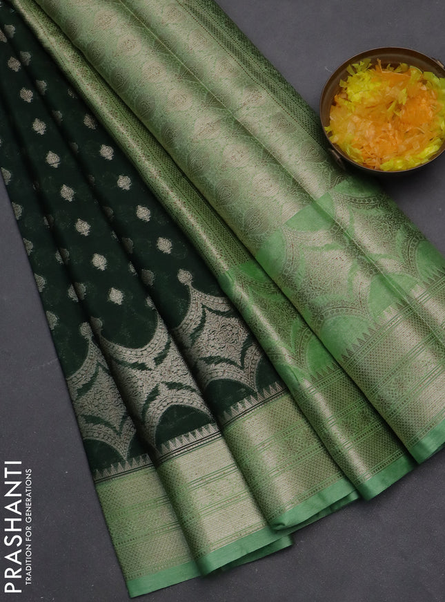 Banarasi warm silk saree dark green and pastel green with woven buttas and woven border
