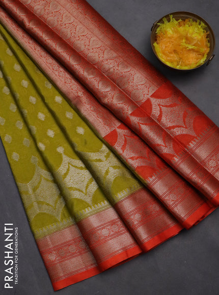 Banarasi warm silk saree lime yellow and orange with woven buttas and woven border
