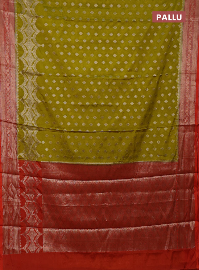 Banarasi warm silk saree lime yellow and orange with woven buttas and woven border