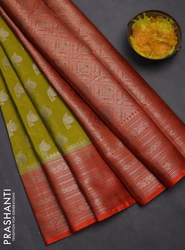 Banarasi warm silk saree lime green and orange with woven buttas and woven border