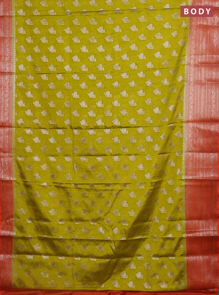Banarasi warm silk saree lime green and orange with woven buttas and woven border