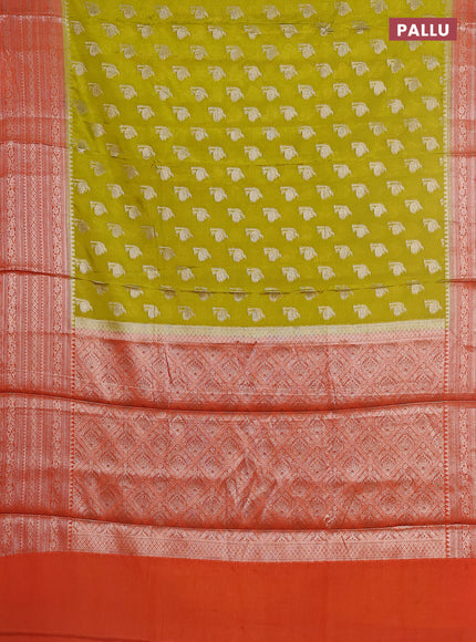 Banarasi warm silk saree lime green and orange with woven buttas and woven border