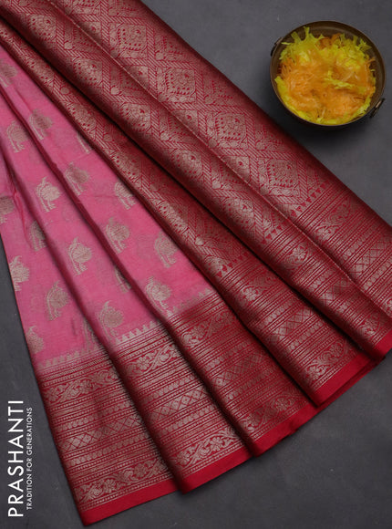 Banarasi warm silk saree peach pink and pink with woven buttas and woven border