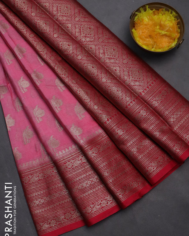 Banarasi warm silk saree peach pink and pink with woven buttas and woven border