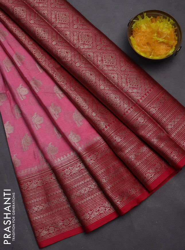 Banarasi warm silk saree peach pink and pink with woven buttas and woven border