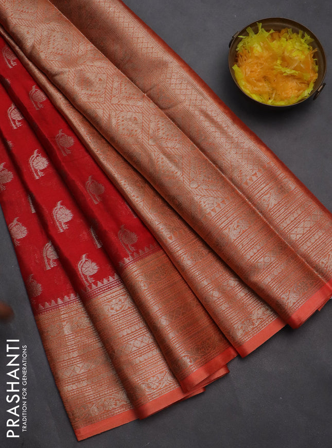 Banarasi warm silk saree red and orange with woven buttas and woven border