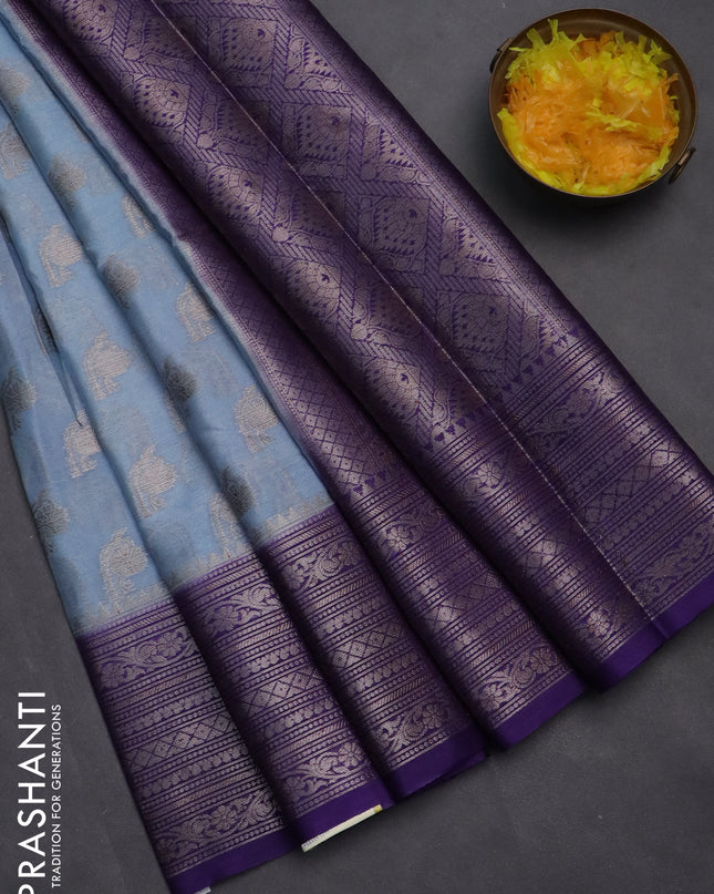 Banarasi warm silk saree pastel blue and violet with woven buttas and woven border