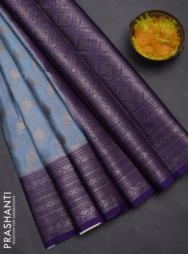 Banarasi warm silk saree pastel blue and violet with woven buttas and woven border