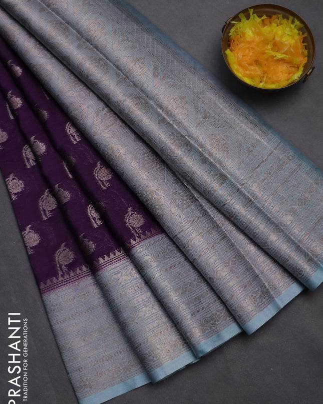 Banarasi warm silk saree deep violet and pastel blue with woven buttas and woven border