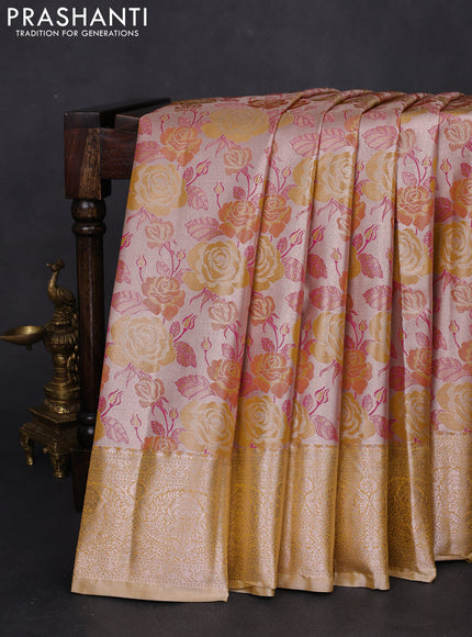 Bangalori tissue silk saree beige and mustard yellow with zari woven floral design brocade pattern and zari woven border