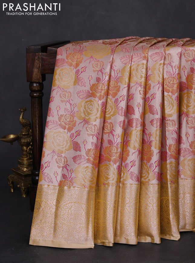Bangalori tissue silk saree beige and mustard yellow with zari woven floral design brocade pattern and zari woven border
