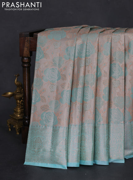 Bangalori tissue silk saree grey and teal blue with zari woven floral design brocade pattern and zari woven border